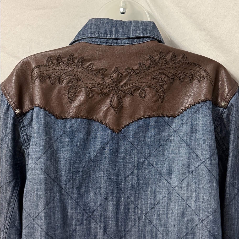 Double D Ranch Denim Switchback Shirt Jacket Leather Trim Pearl Snaps Size 2X - Picture 8 of 12